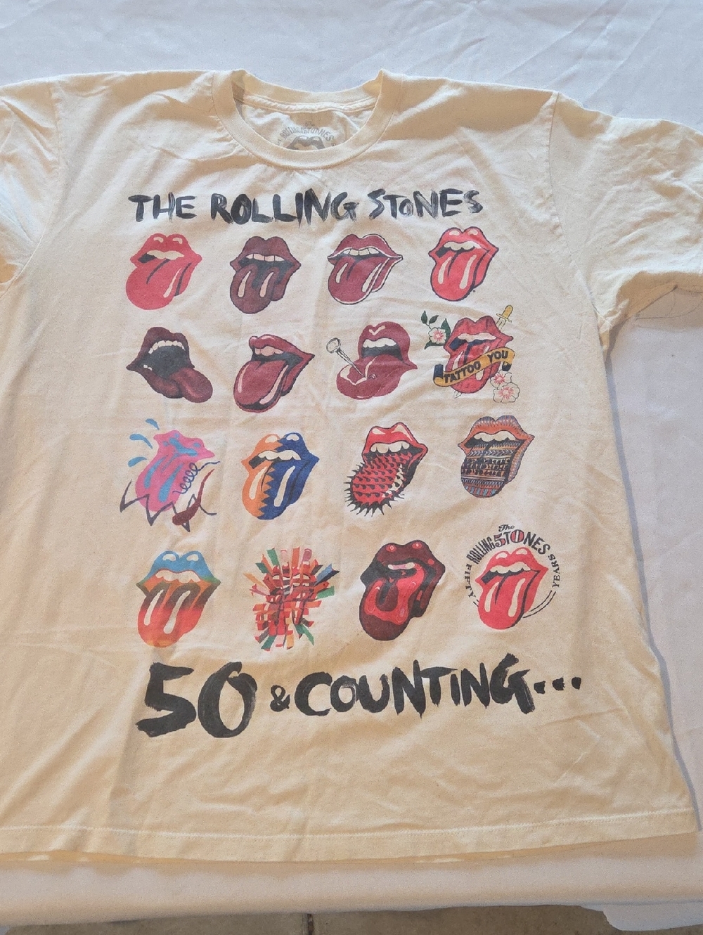 The Rolling Stones Cream Graphic Tee with Multicolor Tongues
